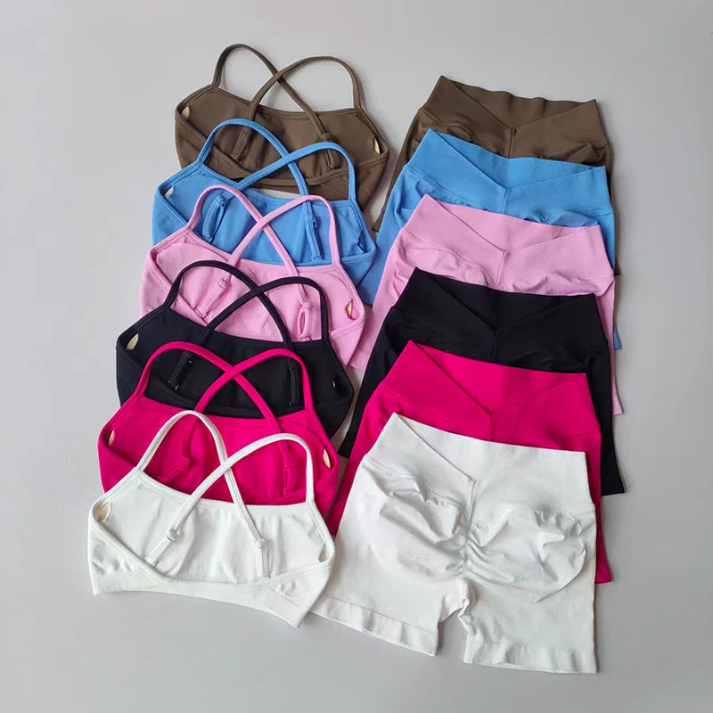 2PCS Women's High Waist Seamless Yoga Gym Set Sports Bra Top with Scrunch Shorts Fitness Workout Sportswear