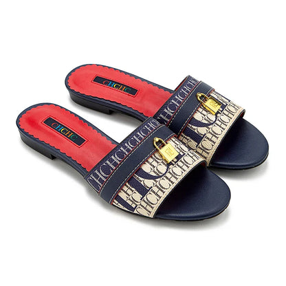 High Quality Metal Lock Monogram Print Women's Low Heeled Slippers Delicate and Versatile Women's Fashion Slippers