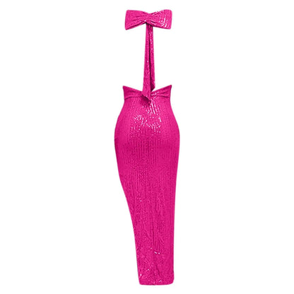 Women's Sequined Long Party Dresses Fashion Solid Color Hanging Neck Round Neck Bow Sleeveless Slit Long Dress Evening Dresses