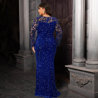 Elegant Curve Evening Dress for Women Lace Full Sleeved Sequined Velvet Hollow Out Modest Maxi Gown