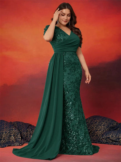 Plus Size Elegant V-neck Sequins Evening Dress Women Short Sleeves Mermaid Formal Luxury Party Streamer Prom Dress
