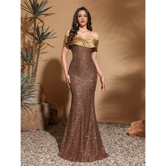 Pleated neckline sequined hip-length dress, elegant and chic dress