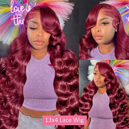 30 Inch 99J Burgundy Lace Front Wigs Human Hair 13x6 HD Transparent Body Wave Lace Front Human Hair Wig For Black Women