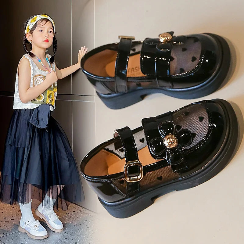 Toddler Girls Elegant Glossy Mesh Mary Jane Flats Flower Buckle Strap Heart Pattern Chunky Sole Comfortable Party School Shoes