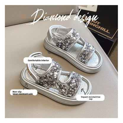 Summer Children's Sandals Sequins Thick Soled Girls Causal Princess Open-toe Sandals Fashion Non-slip Kids Beach Shoes Versatile