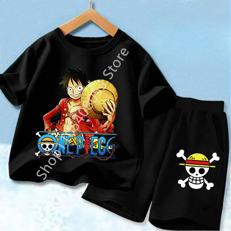 Summer Short Sleeve Clothes Set Anime Boy Girl T Shirt Shorts 2pcs One Piece Kids Outfit Chopper Luffy Tracksuit Suit Children