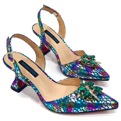 Italian Design Luxury Women's Shoes And Clutch Green Full Diamond Decoration Metal Closure Bag for Party