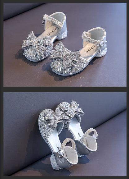 2025 Children's Crystal Princess Shoes bow Tie stylish summer new girls' head-wrapped sandals small high heels performance shoes