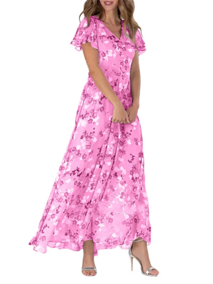 Women Elegant Ruffle Short Sleeve V Neck Pullover Dresses Sweet Style Small Flower Print High Waist Dress Female New Casual Gown