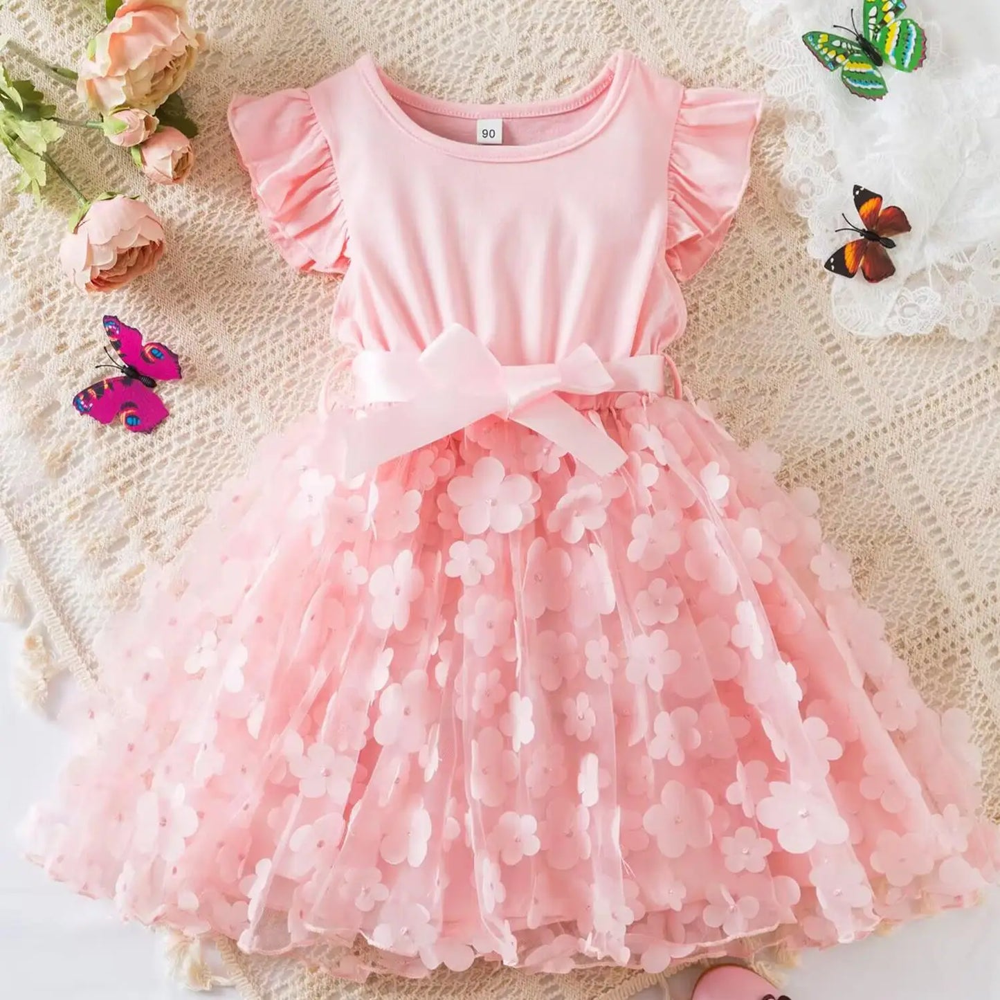 Girls Summer Dress Cartoon Bow Tutu Dress 3D Butterfly Cute Cotton Party Casual Dress for Baby 2-6 Years