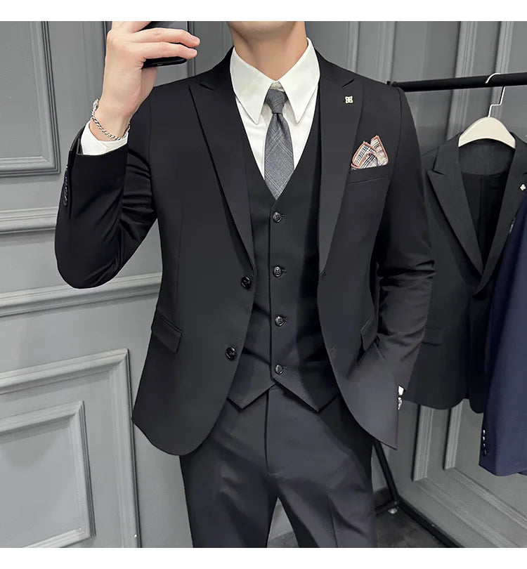 Slim Fit Men's Three Piece Suit Thin Single Button Notch Lapel Casual Fashion Cotton Blend Spring Autumn Wear for Youth