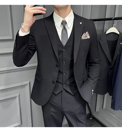 Slim Fit Men's Three Piece Suit Thin Single Button Notch Lapel Casual Fashion Cotton Blend Spring Autumn Wear for Youth