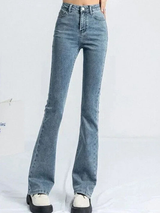 High Waist Elastic Boot Cut Pants Denim Bell Bottom Trousers
