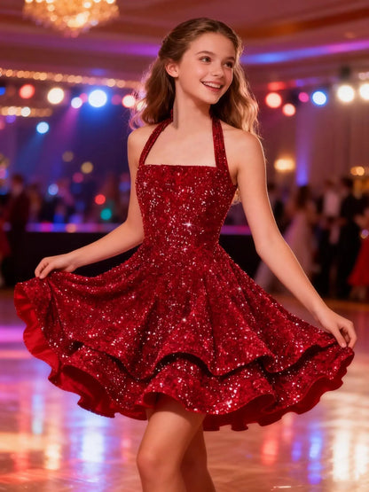 Sequin Short Homecoming Dress for Teens Short Prom Dresses Halter Neck Sparkly Tiered Cocktail Party Gowns