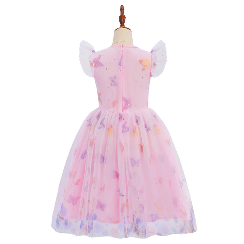 2026 Baby Girl Summer Dresses Kids Pink Butterfly Printed Princess Dress Children Birthday Party Dress Up Girls Fashion Clothes