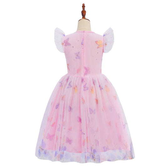 2026 Baby Girl Summer Dresses Kids Pink Butterfly Printed Princess Dress Children Birthday Party Dress Up Girls Fashion Clothes