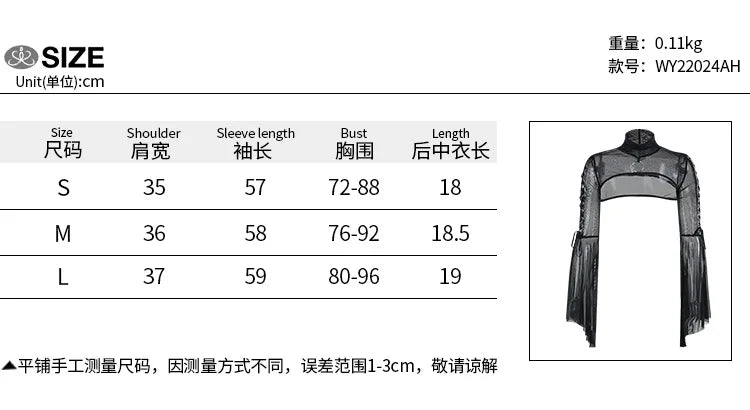 Black Mesh T-shirt Gothic Street Lace-up Punk Ring Flared Sleeves Eyelet Pullover Outer Harajuku Vintage Women Top