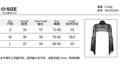 Black Mesh T-shirt Gothic Street Lace-up Punk Ring Flared Sleeves Eyelet Pullover Outer Harajuku Vintage Women Top