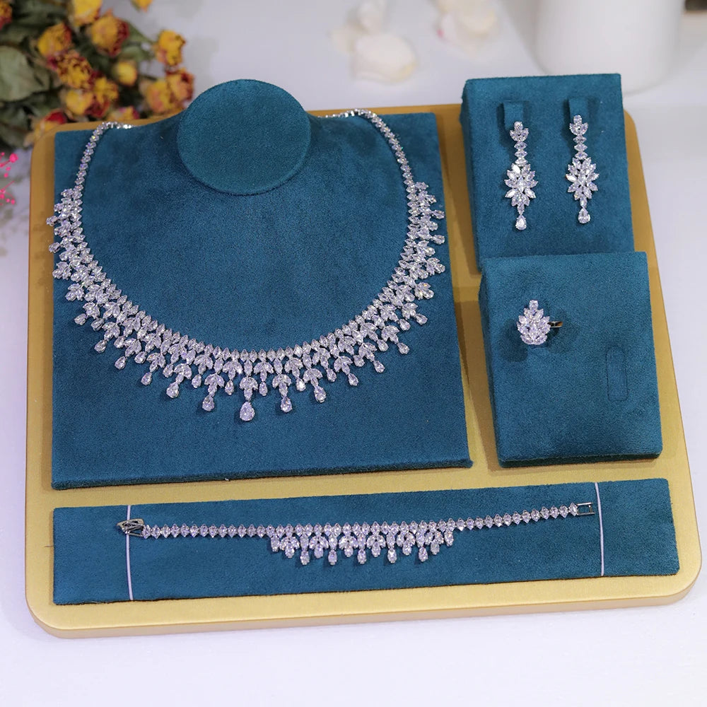 Dubai Jewelry Sets Leaf Design Bridal Necklace Earring Set 5A Cubic Zirconia Femme Ladies Wedding Accessories