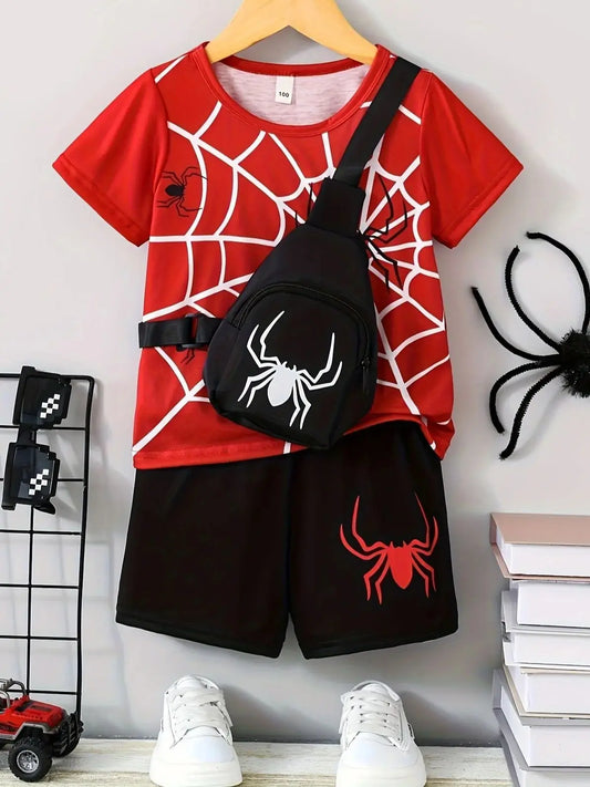 Boys summer "Spider Web" fashionable personality trend pattern round neck short sleeves & shorts & spider bag three-piece set