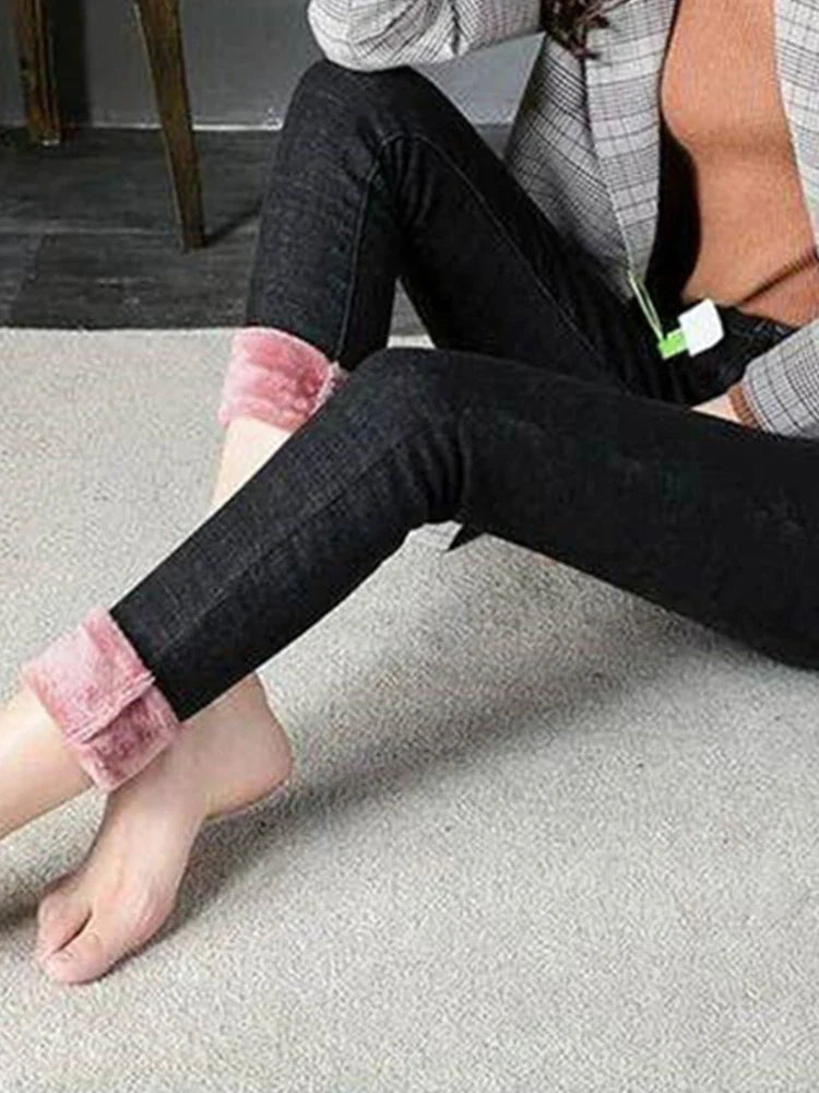Women's Thick Velvet Jeans, Stretch High Waist Pencil Pants