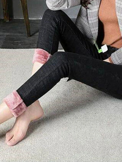 Women's Thick Velvet Jeans, Stretch High Waist Pencil Pants