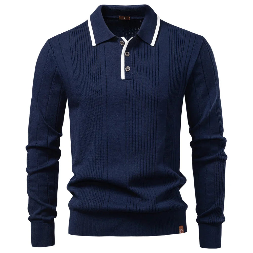 2025 Button Down Polo Shirt Men Solid Color Stripe Long Sleeve Fall Winter Luxury Warm Touch Business Casual Mens Polo Shirts