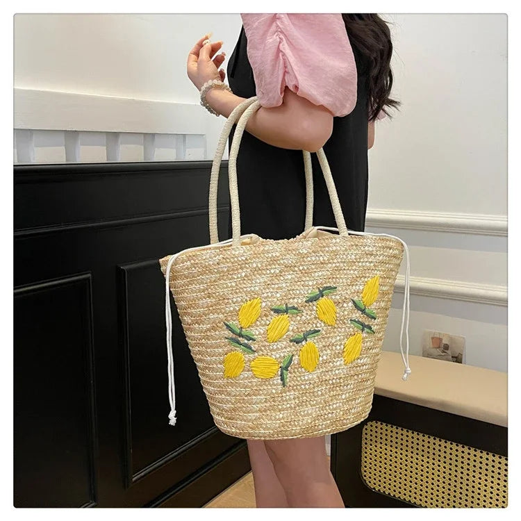 Embroidery Fruit Solid Color Shoulder Bag Straw Woven Hollow Versatile 2025 High Quality Bags for Women New Beach Handbags