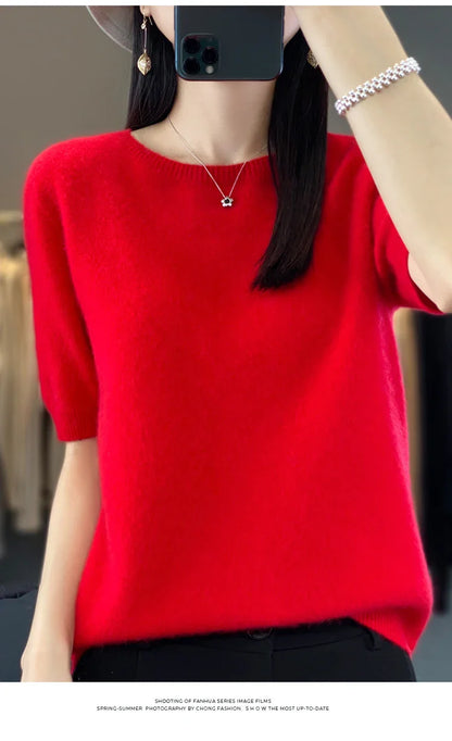 100% pure wool T-shirt spring and summer new women's O-neck pullover short sleeve loose five-sleeve sweater high-end top