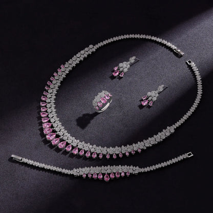 Luxury White Cubic Zirconia Bridal Jewelry Set Brides Accessories Tassel Water Drop Necklace Earring 4pcs Set for Wedding Party