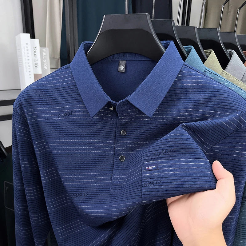 2025 long sleeved men's spring and autumn collar striped pullover top with loose pockets polo shirt