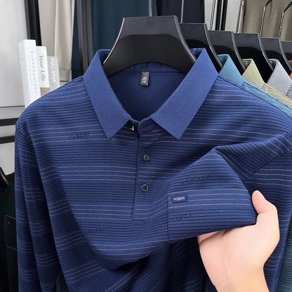 2025 long sleeved men's spring and autumn collar striped pullover top with loose pockets polo shirt