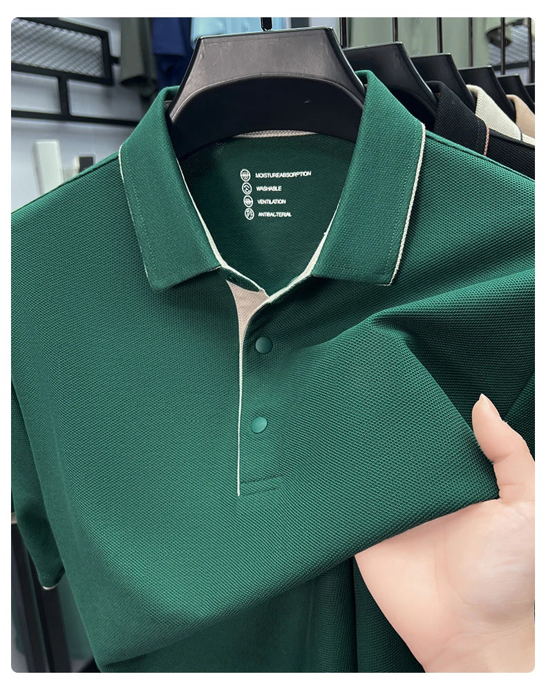 High quality 100% cotton solid color short sleeve polo shirt unique button men summer breathable comfort texture lapel T-shirt