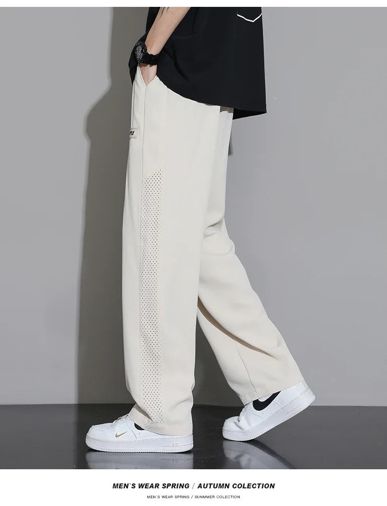 Men's Ice Silk Pants Summer Thin Style Drape Effect Loose Straight Casual Long Pants Trendy Brand Wide‑Leg Sports Pants for Boys