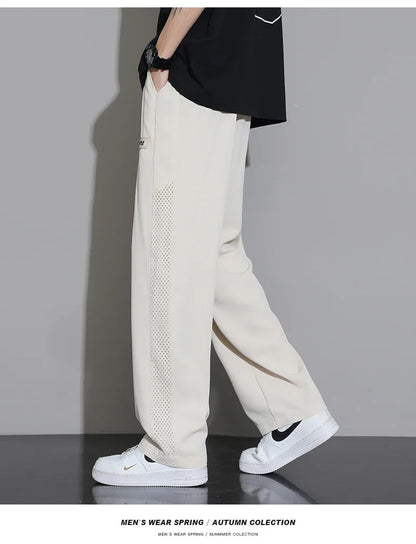 Men's Ice Silk Pants Summer Thin Style Drape Effect Loose Straight Casual Long Pants Trendy Brand Wide‑Leg Sports Pants for Boys