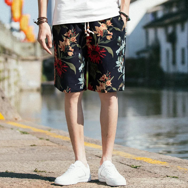 2026 Summer New Boutique Flower Cotton Linen Men's Casual Beach Shorts Men's Comfortable Breathable Leisure Shorts Male XXXXXL