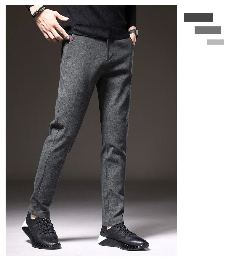 Autumn Winter Thick Men's Casual Pants Brushed Fabric Straight Slim Business Fashion Trousers Stretch Korean Male Clothing