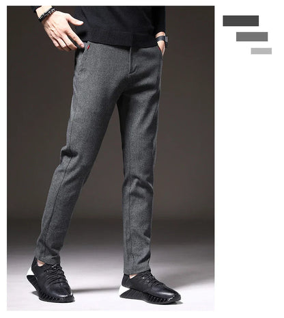 Autumn Winter Thick Men's Casual Pants Brushed Fabric Straight Slim Business Fashion Trousers Stretch Korean Male Clothing
