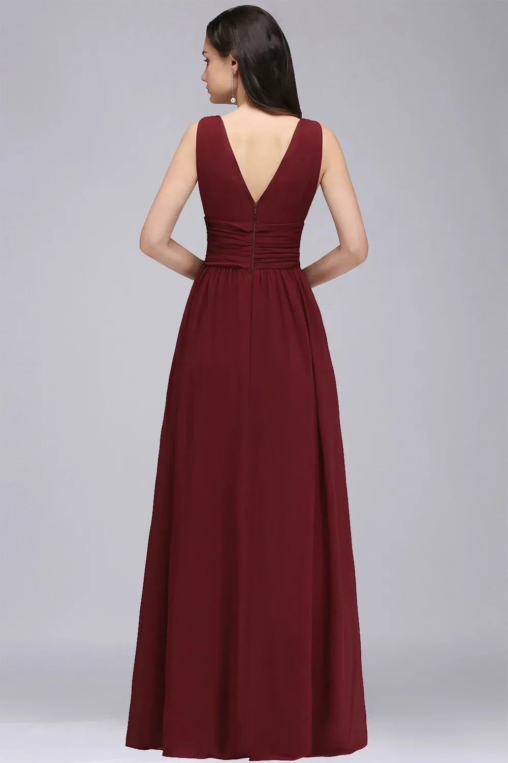 Elegant Burgundy V Neck Long Evening Dresses Summer Sleeveless Chiffon Ruched Formal Wedding Party Prom Gowns Vestido De Fiesta