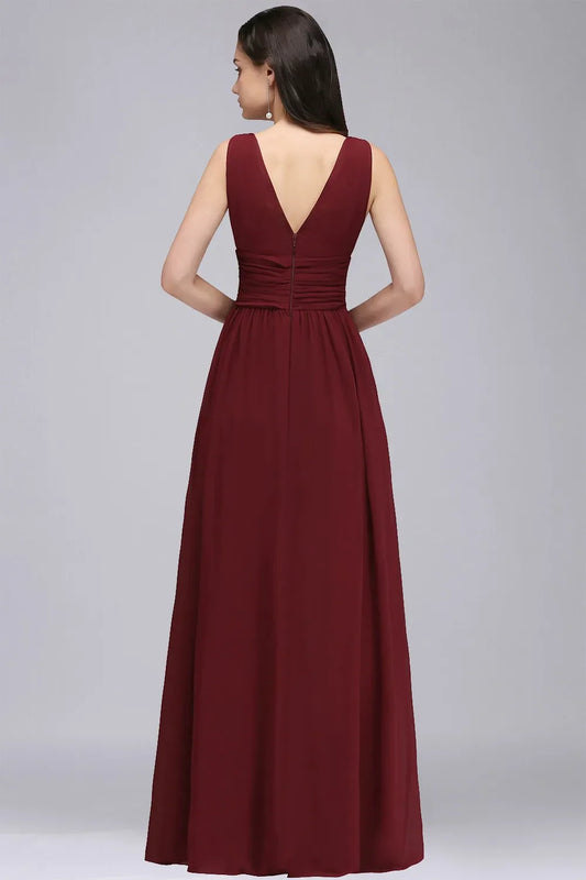 Vestidos Longos de Noite Elegantes Vinho Gola V Sem Mangas Chiffon Drapeado Formais para Festa de Casamento Baile de Formatura Vestido De Festa