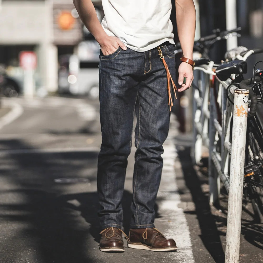 Vintage 14oz Selvedge Raw Denim Jeans Horsehair Leather Patch Straight Fit Jeans Men's Spring and fall Paris Buckle Pants