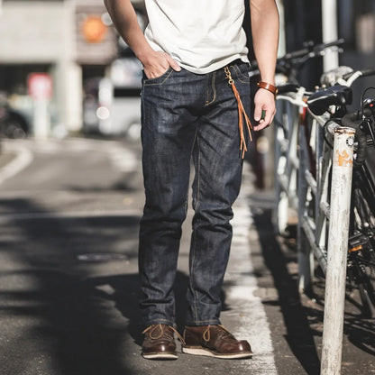 Vintage 14oz Selvedge Raw Denim Jeans Horsehair Leather Patch Straight Fit Jeans Men's Spring and fall Paris Buckle Pants