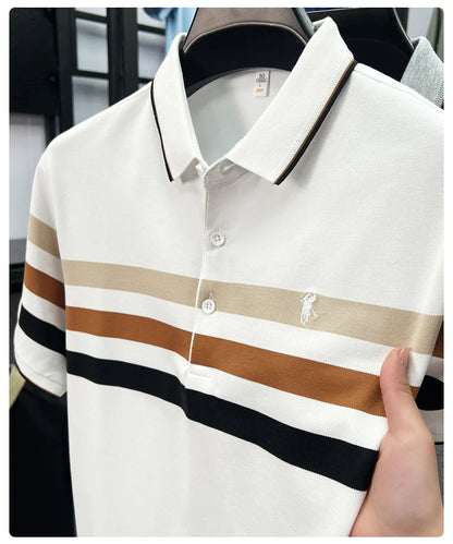 Boutique cotton short sleeve men's polo shirt 2025 summer fashion striped high-end flip collar top casual youth business T-shirt