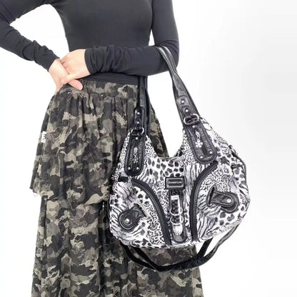 Y2K vintage hot girl personality leopard print shoulder bag with multiple compartments, Maillard crossbody handbag