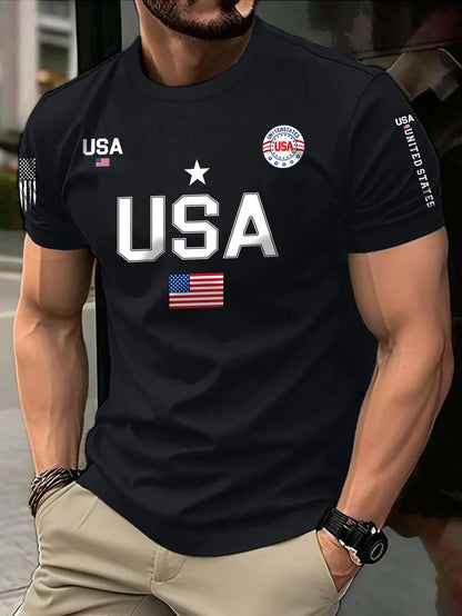 New  Men's Short-Sleeved Round-Neck T-shirt with USA Flag Print - Fashionable Trendy Summer Running and Sports T-shirt