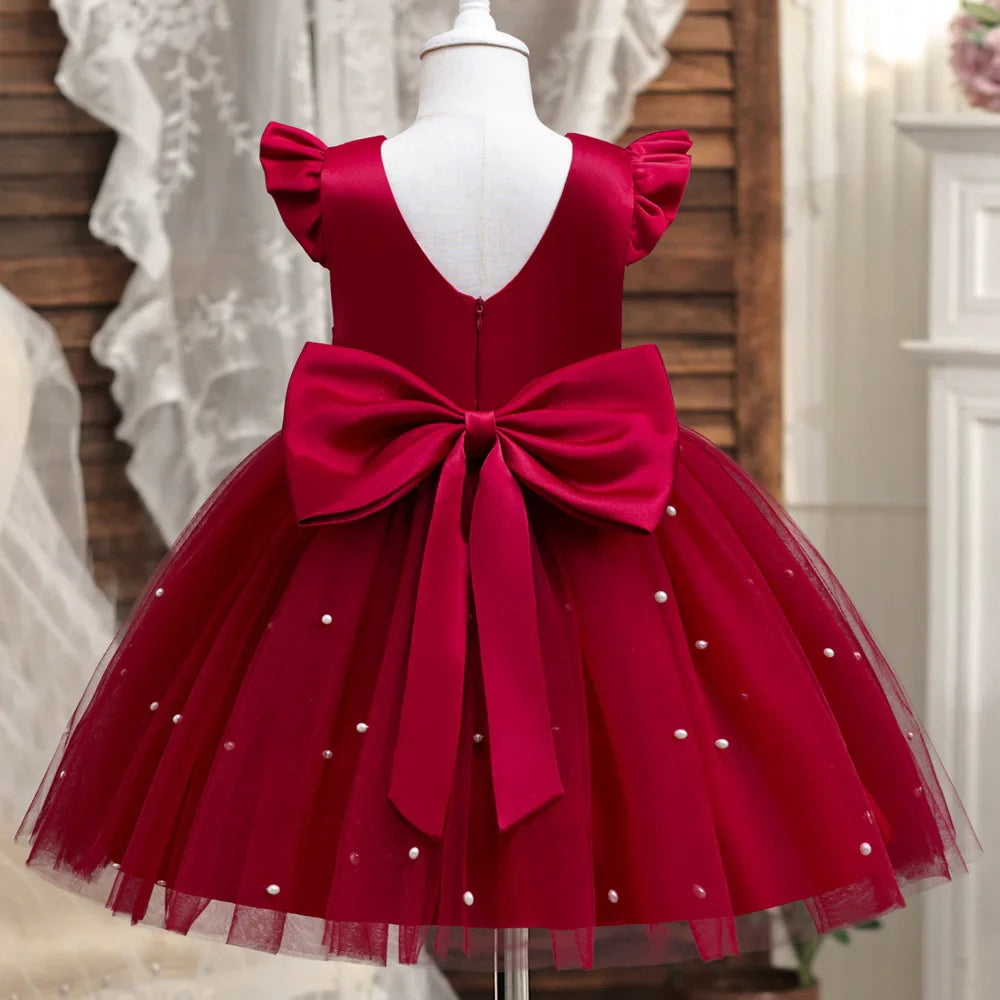 Toddler Girl Red Princess Dress Baby Girl 1st Birthday Party Tutu Gown Backless Bow Beading Xmas Costume