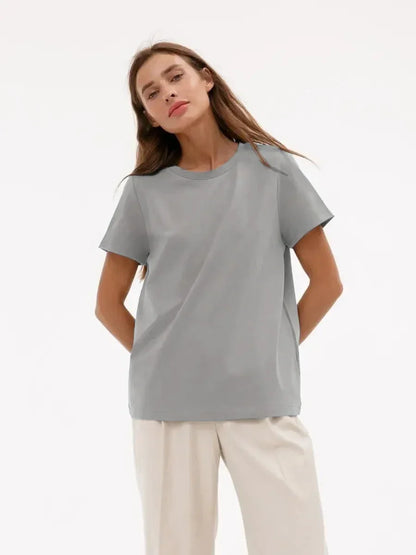 Summer 100% Cotton Women's T-shirt Bottoming Basic Fashionable Solid Lady Short Sleeve Loose Tops Shirts 230g/㎡ Tops