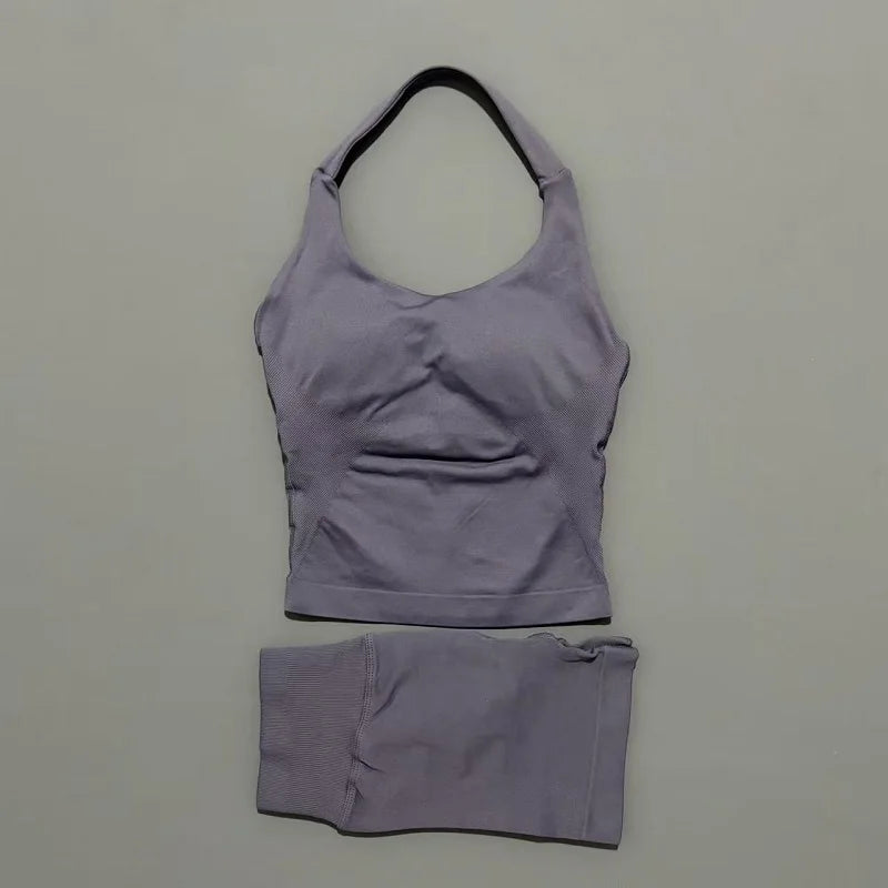 Women Seamless Gym Set 2Pcs Halter Neck Sports Crop Top High Waist Scrunch Butt Shorts Workout Fitness Yoga Tracksuit Sportswear