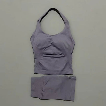 Women Seamless Gym Set 2Pcs Halter Neck Sports Crop Top High Waist Scrunch Butt Shorts Workout Fitness Yoga Tracksuit Sportswear