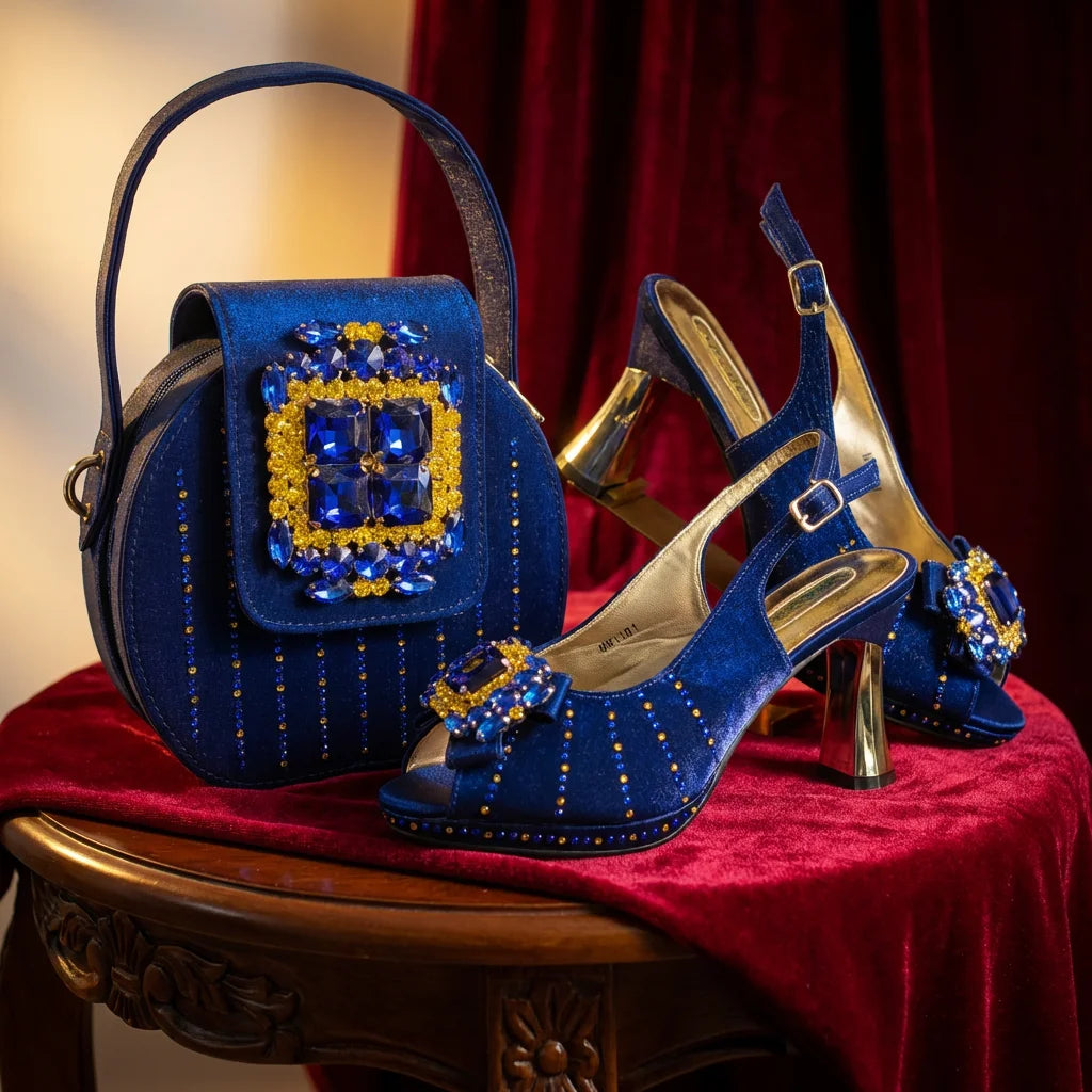 Brown Rhinestone Peep-Toe High Heel Sandals and Bag Set for Women –Elegant Italian Party Shoes Perfect for Wedding